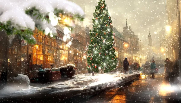 圣诞城市绿树灯饰 雪夜朦胧灯火通明的人们散步 建筑物窗户轻型车在街上过冬小镇降雪天气都市生活场景 — 图库照片