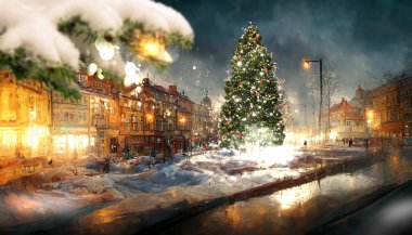  Kış kenti Noel ağacı aydınlatması karlı akşamı bulanık ışıklar altında insanlar yürür ve binalar inşa eder.