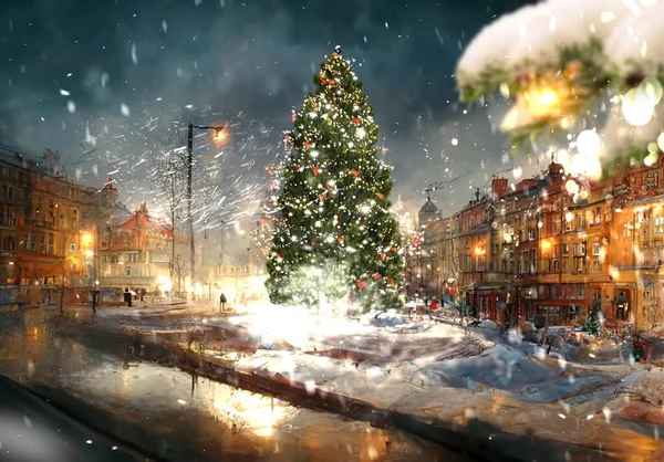 Tél Város Hóvihar Karácsonyfa Megvilágítás Havas Este Homályos Fény Emberek — Stock Fotó