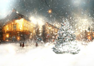  Şehirde kar fırtınası var. Noel ağacı aydınlığı. Karlı bir akşam. Işıklar bulanık.