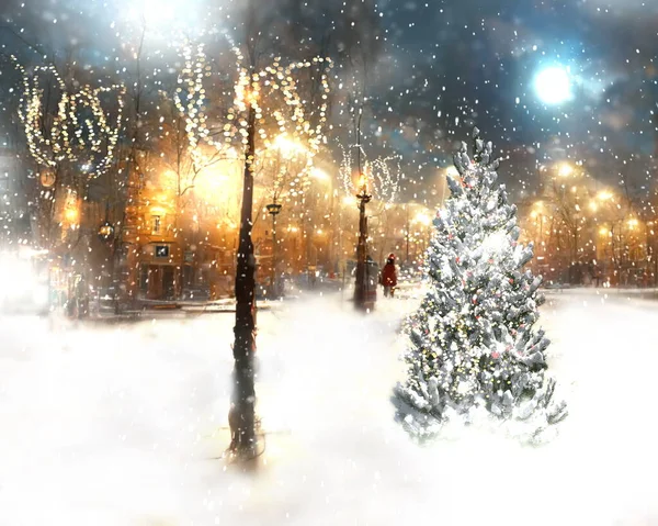 Winter Snowy Storm City Christmas Tree Illumination Snowy Evening Blurred — Stock Photo, Image