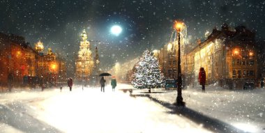  Kış karlı bir akşam kasabası, şehirde bir cadde... Noel ağacı aydınlığı... karlı bir akşam... bulanık ışıklar... insanlar yürüyor ve binalar... gece gökyüzünde hafif kar yağıyor... soğuk hava kentsel yaşam tarzı...