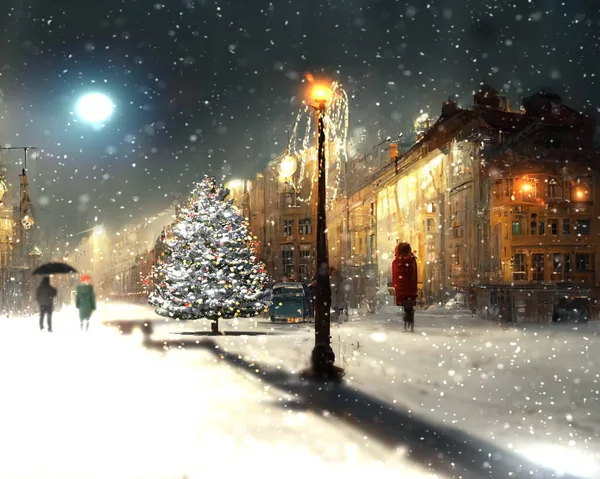 winter snowy  evening town , street  in city  Christmas   tree illumination snowy evening  blurred light people walk and buildings windows lightsnow fall moon on night sky ,  cold weather urban  lifestyle