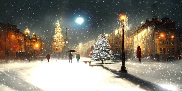 winter snowy  evening town , street  in city  Christmas   tree illumination snowy evening  blurred light people walk and buildings windows lightsnow fall moon on night sky ,  cold weather urban  lifestyle