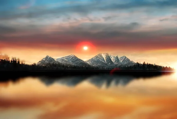 orange sunset ,sun down and  night  starry sky with blue moon sky reflection on sea water wave and on horizon mountains  and forest nature landscape