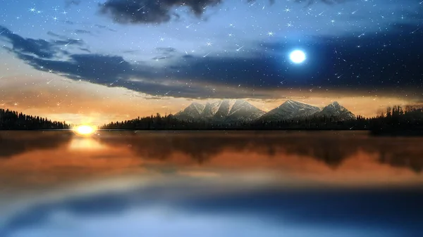 Orange Sunset Sun Night Starry Sky Blue Moon Sky Reflection — Stock Photo, Image