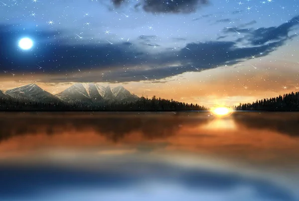 orange sunset ,sun down and  night  starry sky with blue moon sky reflection on sea water wave and on horizon mountains  and forest nature landscape