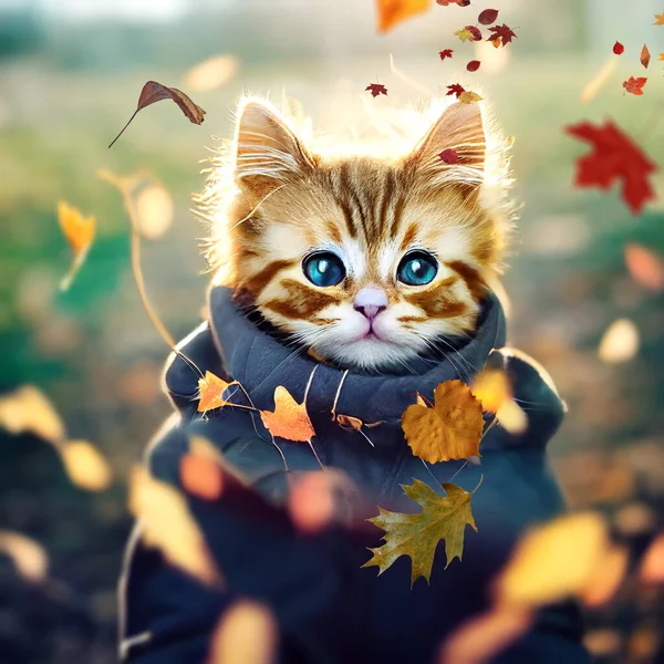 Komik kedicik sonbahar tarlasında orman manzarasında mavi kazakta oturuyor. 