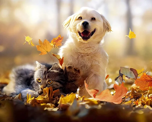 dog  and cat portrait   sit together on gold yellow leaves at wild field nature landscape and animals