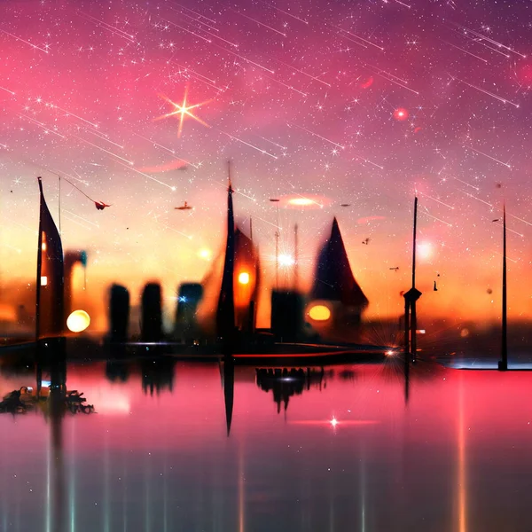 Futuristic Pink Sunset Night Harbor City Silhouette Horizon Cloudy Starry — Stock Photo, Image