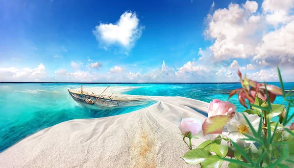 Playas Tropicales Cielo Azul Nubes Whute Forma Corazón Flores Exóticas — Foto de Stock