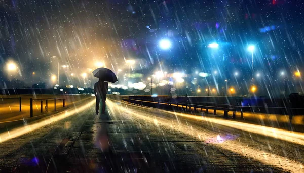 Esős Autópálya Éjjel Magányos Ember Esernyővel Séta Úton Város Fény — Stock Fotó