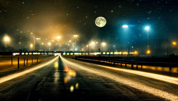 Highway Night City Light Blurred Reflection Horizon Road Starry Sky — Stock Photo, Image