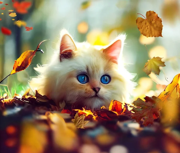 Gatito Gato Con Azul Ojos Sentarse Otoño Campo Bosque — Foto de Stock