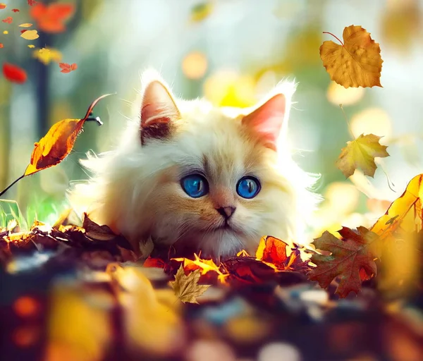 Poesje Kat Met Blauwe Ogen Zitten Herfst Veld Bos — Stockfoto