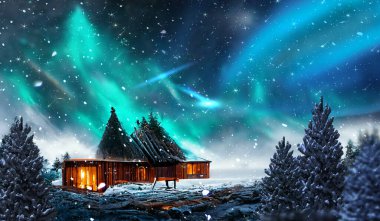  Noel Aurora Borealis yıldızlı gece gökyüzü karlı orman kış manzarasında ahşap bir kulübe.