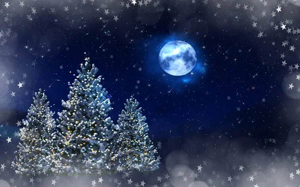 Starry Night Bug Moon Festive Christmas Trees Decoration Holiday Greetings — Stock Photo, Image