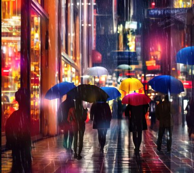 Şemsiyeli, yağmurlu sokak insanları bulanık ışıklı dükkan camları şehir yaşam tarzını yansıtıyor.