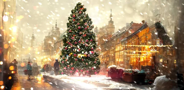 Різдвяні Прикраси Міста Зелена Ялинка Освітлена Засніженим Старим Містом Люди — стокове фото