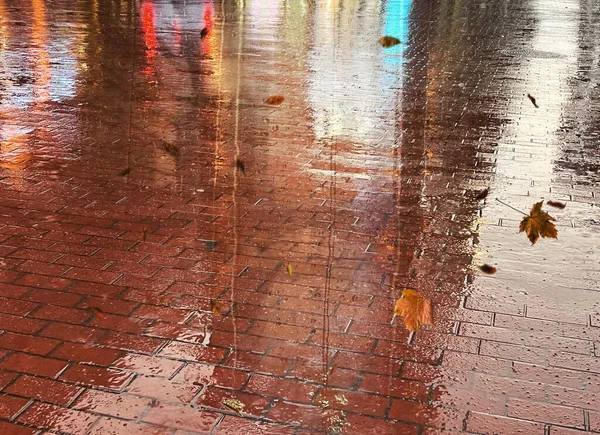 Kvinna Siluett Våt Trottoar Och Gula Blad Regn Droppar Och — Stockfoto