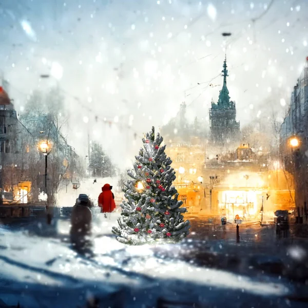 Winter City Christmas Tree Decoration Snowfall People Walk Snowy Street — Stock Photo, Image