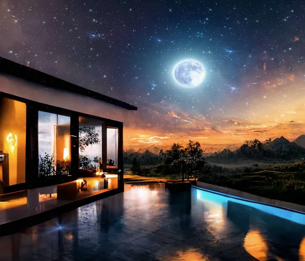 Starry Night Sky Moonlight Resort Swim Pool Sea Water Reflection — Stock Photo, Image