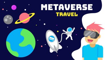 Metaverse Seyahat. İllüstrasyon vektör grafik çizgi film karakteri sanal gerçeklik cihazı takıyor. Metaverse hakkında herhangi bir içerik için uygundur.
