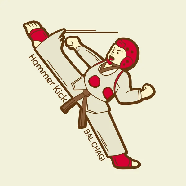 Taekwondo Kids Cartoon Character Hammer Kick Pose Inglés Adecuado Para — Vector de stock