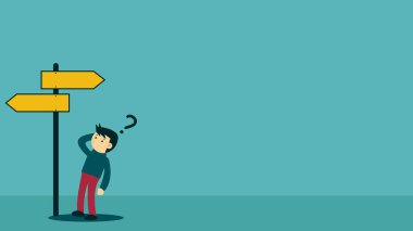 Erkek karakter, trafik işaretinin önünde karar vermek için kafa karıştırıcı görünür. İş, finans, pazarlama stratejisi vs. hakkında eğitim ve motivasyon içeriği için uygundur.