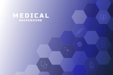 Tıbbi temalı mavi arka plan, bal petekleri ve tıp ve yazıtlar için ikonlar. Vektör illüstrasyonu