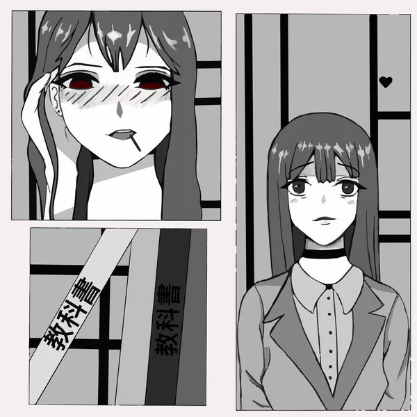 Japonská Komiksová Anime Dívčí Školačkou Tašce Nápis Vektorová Ilustrace — Stockový vektor
