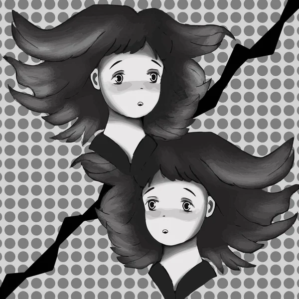 Kreslená Dívka Anime Komiks Černobílé Barvě Děvče Rozvine Vlasy Krásná — Stockový vektor