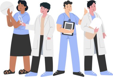 Doktorlar büyük bir hap, şırınga ve hapla bekliyorlar. Vektör illüstrasyonu