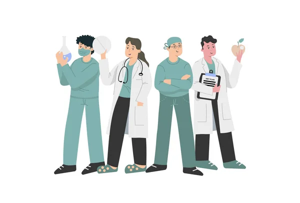 Doctors Stand Row Different Areas Medicine Vector Illustration — Stockvektor