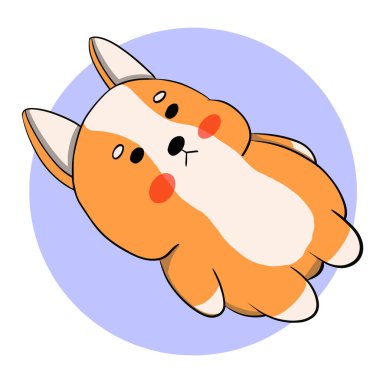 Shiba Inu arka planda sırt üstü uzanır. Mavi bir daire. Vektör illüstrasyonu