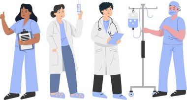 Bir grup rehabilitasyon doktoru ve hastane çalışanı bir hastayı bekliyor. Vektör illüstrasyonu