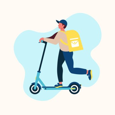 Mal teslimatı, motosikletli şapkalı bir adam müşterilere bir paket teslim eder. Vektör illüstrasyonu