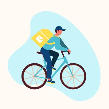 Food delivery on a bike, a guy in a cap on a bike. Vector illustration