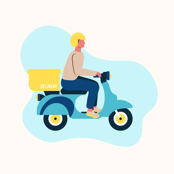 Kasklı scooterlı bir adam müşteriye mal teslim etmeye gider. Vektör illüstrasyonu