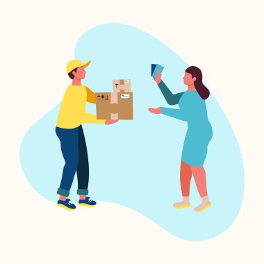 Bir online mağazadan mal teslimatı, bir adam satın alımlı bir kutu teslim eder, bir kız parayla öder. Vektör illüstrasyonu