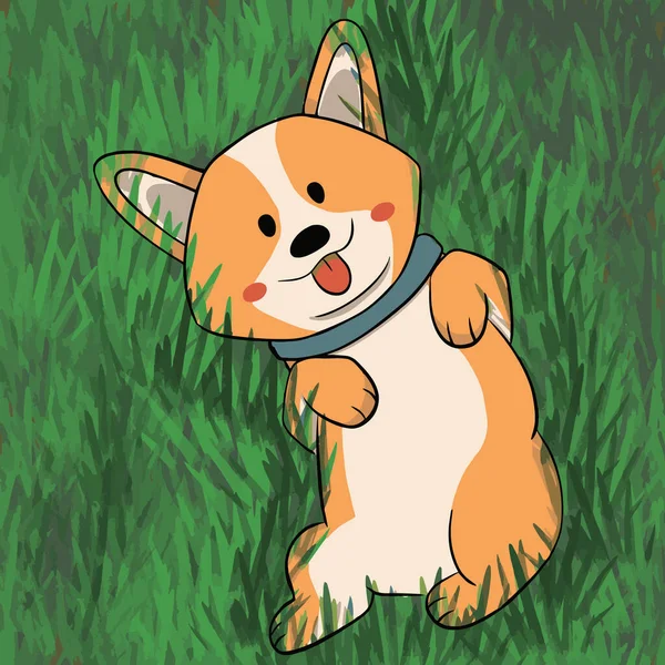 Corgi Lies Her Back Smiles Background Her Meadows Fields Vector — ストックベクタ