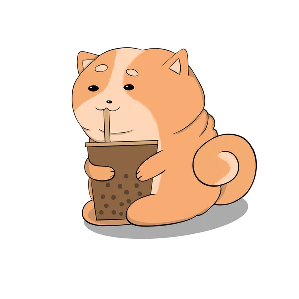 Plump Cat Sits Drinks Soda Glass Vector Illustration — Stock Vector