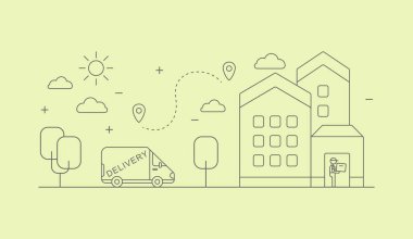 Teslimat kamyonu malları müşteriye getirdi ve kurye kapıda leylek desenli bir kutuyla bekliyor. Vektör illüstrasyonu