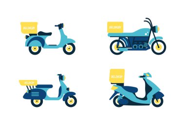 Paket teslimatçıları bagajında kutular olan motosikletli adamlar. Vektör illüstrasyonu