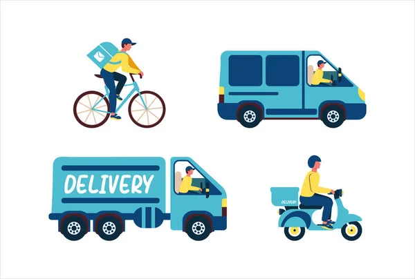 Pak Delivery Different Vehicles Courier Motorcycle Bicycle Courier Delivery Car — Stockvektor