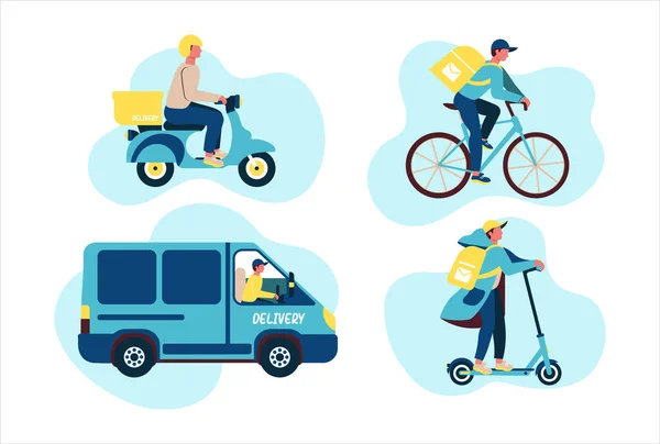 Bir paket teslimat kamyonla, bisikletle ve scooterla. Vektör illüstrasyonu