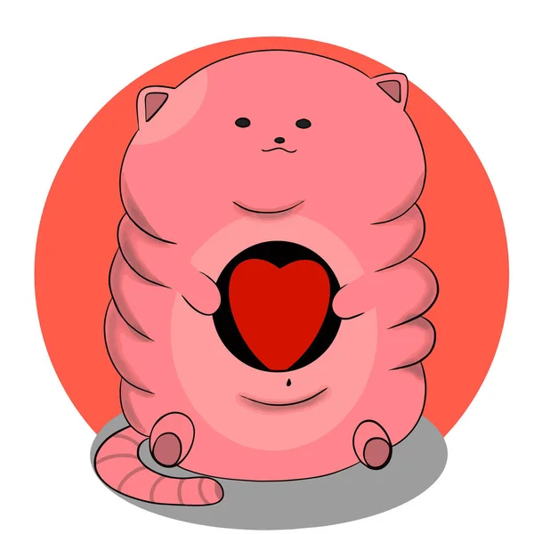 Gato Gordo Con Pliegues Rosados Sostiene Círculo Con Corazón Ilustración — Archivo Imágenes Vectoriales