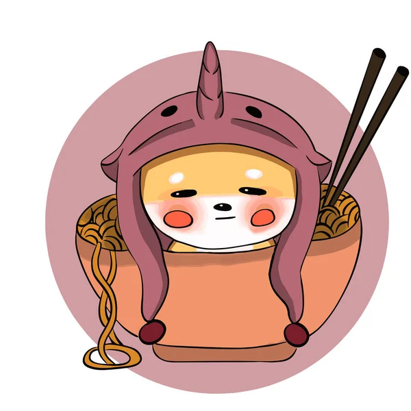 Shiba Sits Cup Noodles Pink Dolphin Costume Vector Illustration — Vetor de Stock