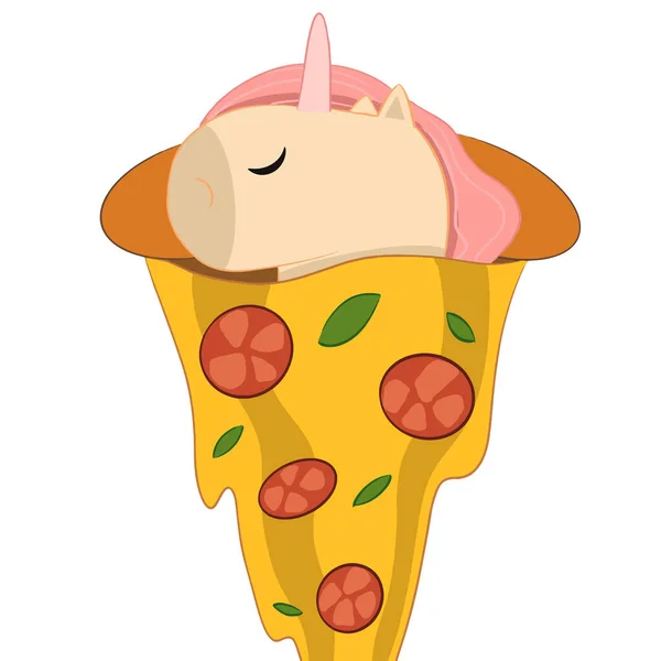 Lindo Unicornio Duerme Cubierto Con Pizza Vegana Ilustración Vectorial — Vector de stock