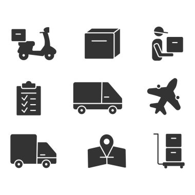 Farklı dağıtım araçları ve insanlarla birleştirilmiş dağıtım ikonları. Vektör illüstrasyonu
